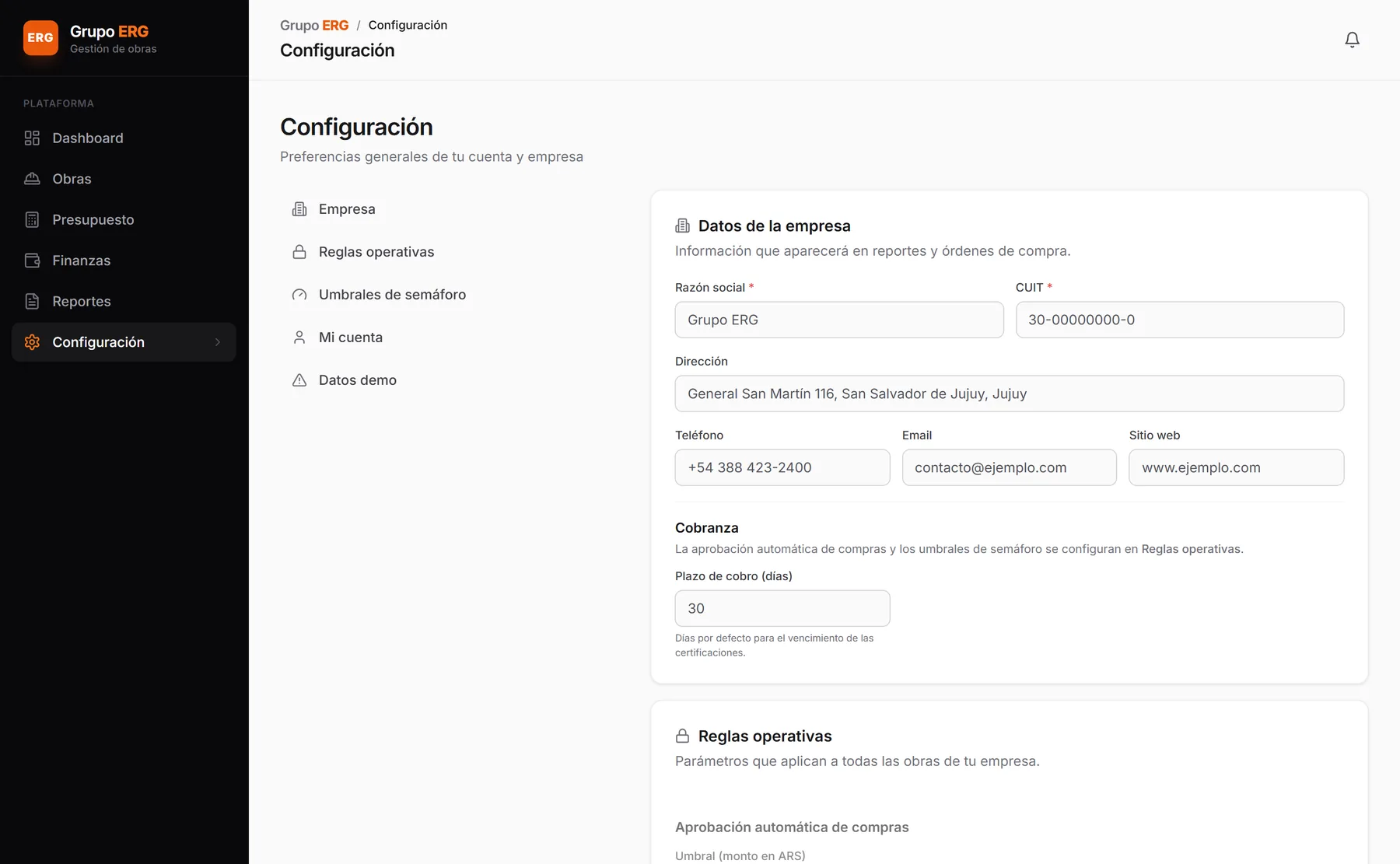 Configuración. Donde la empresa define sus roles y tilda los permisos de cada uno, con el alcance por obra.